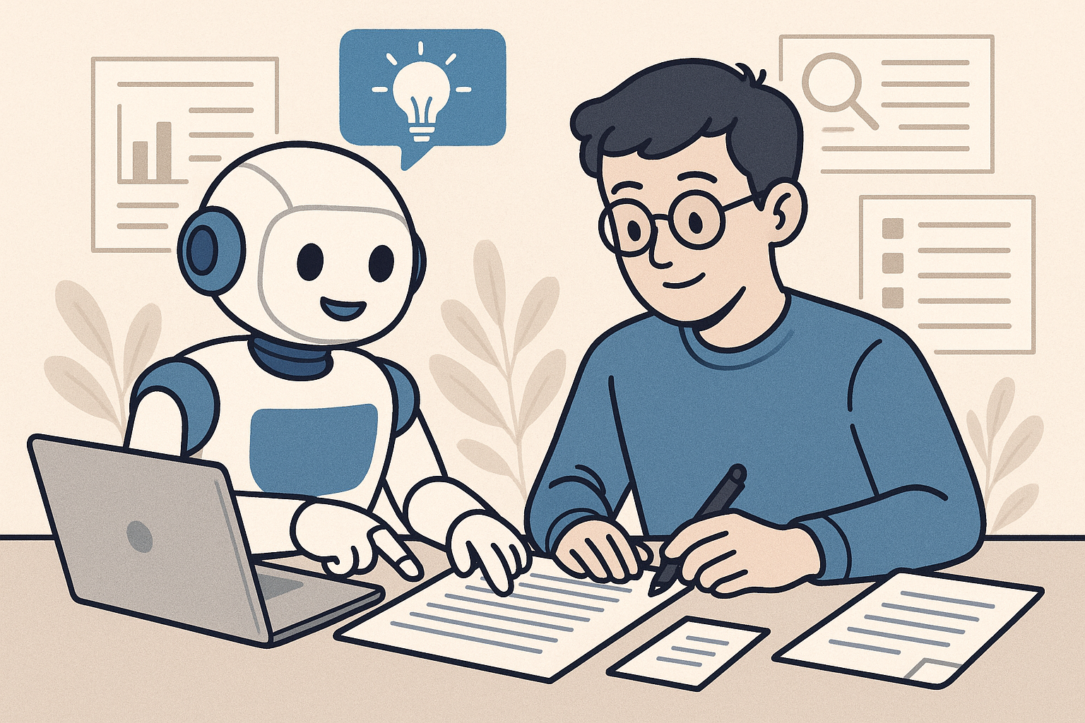 An illustration of AI assisting with research notes and documents.