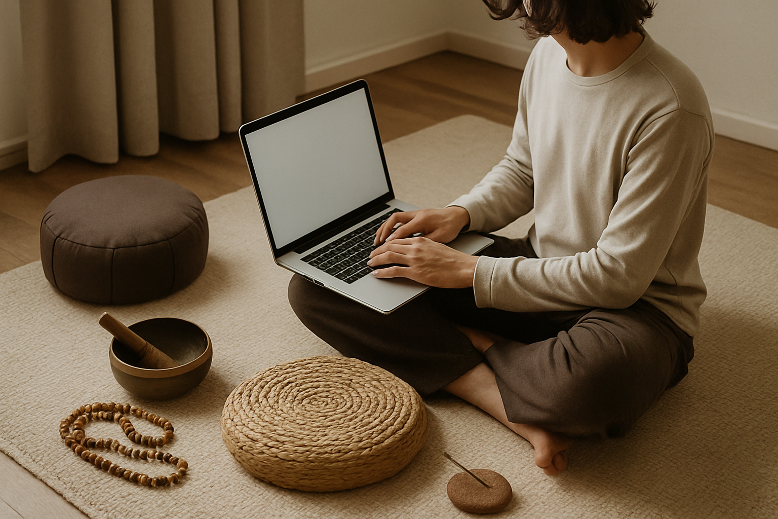 노트북 앞에서 명상 도구들과 함께 일하는 모습