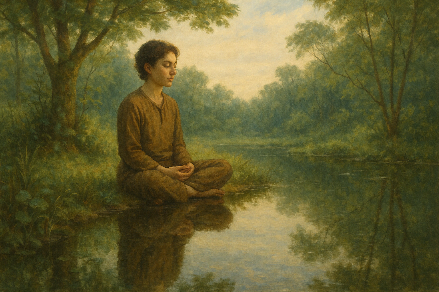 고요한 자연 속에서 깊은 성찰에 잠긴 모습