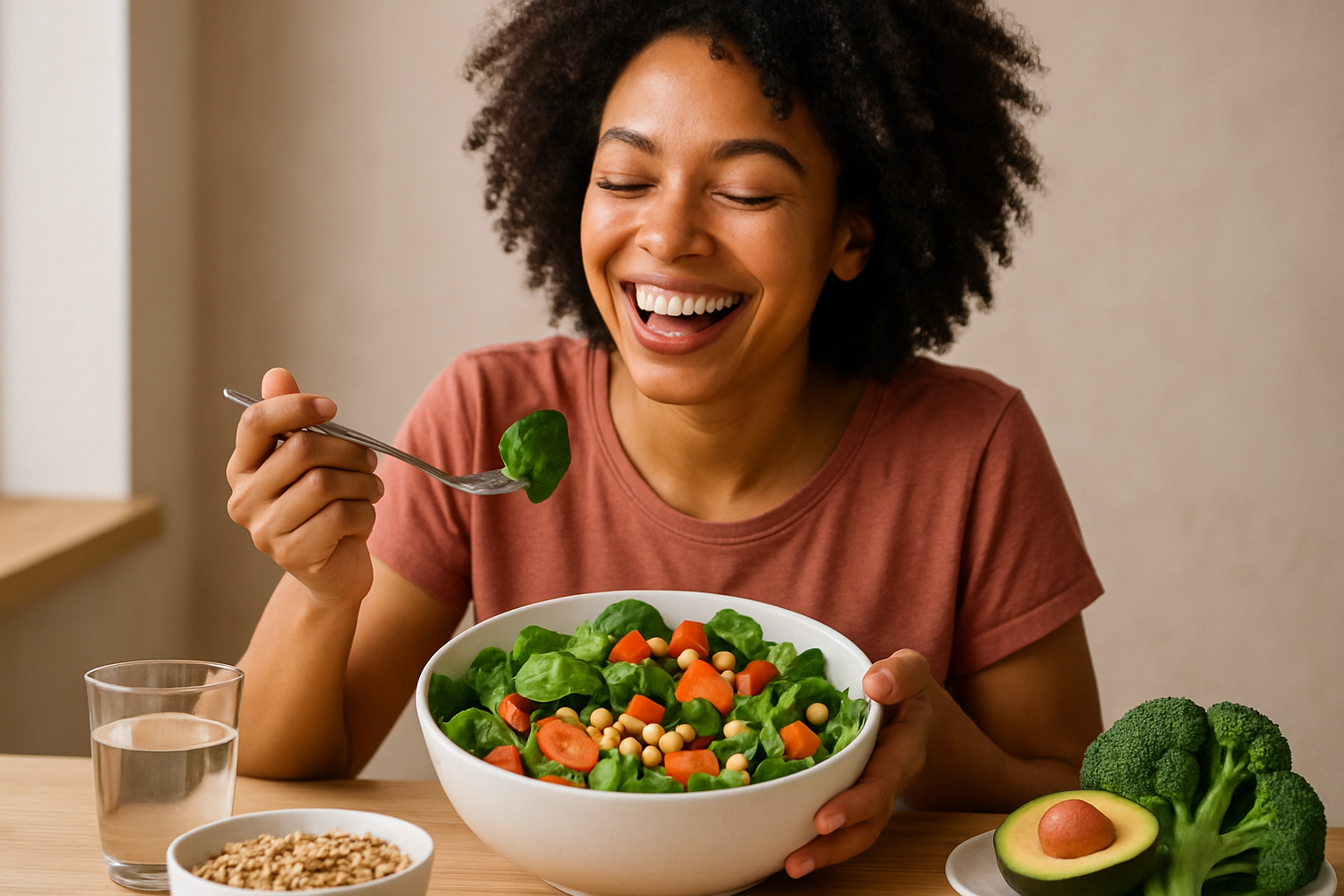 A person enjoying healthy food joyfully
