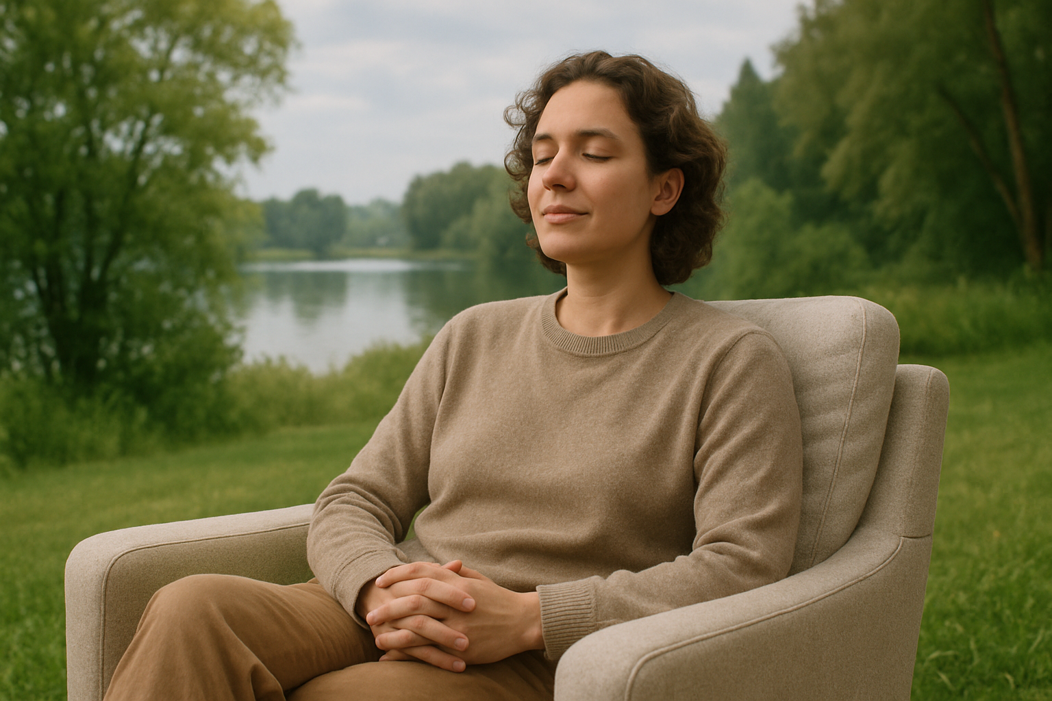 평온한 환경에서 편안히 앉은 사람