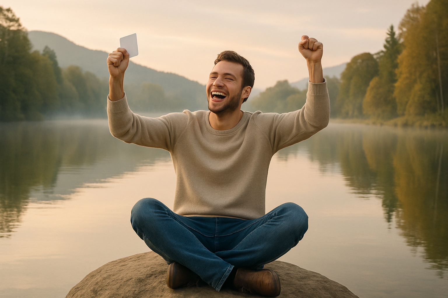 평온한 환경에서 작은 성공을 축하하는 사람