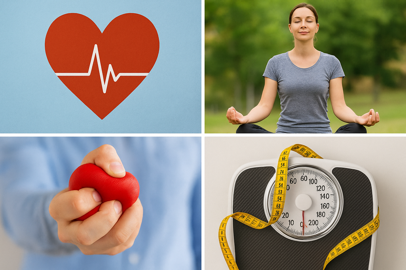 심장 건강, 스트레스 완화, 체중 관리 콜라주