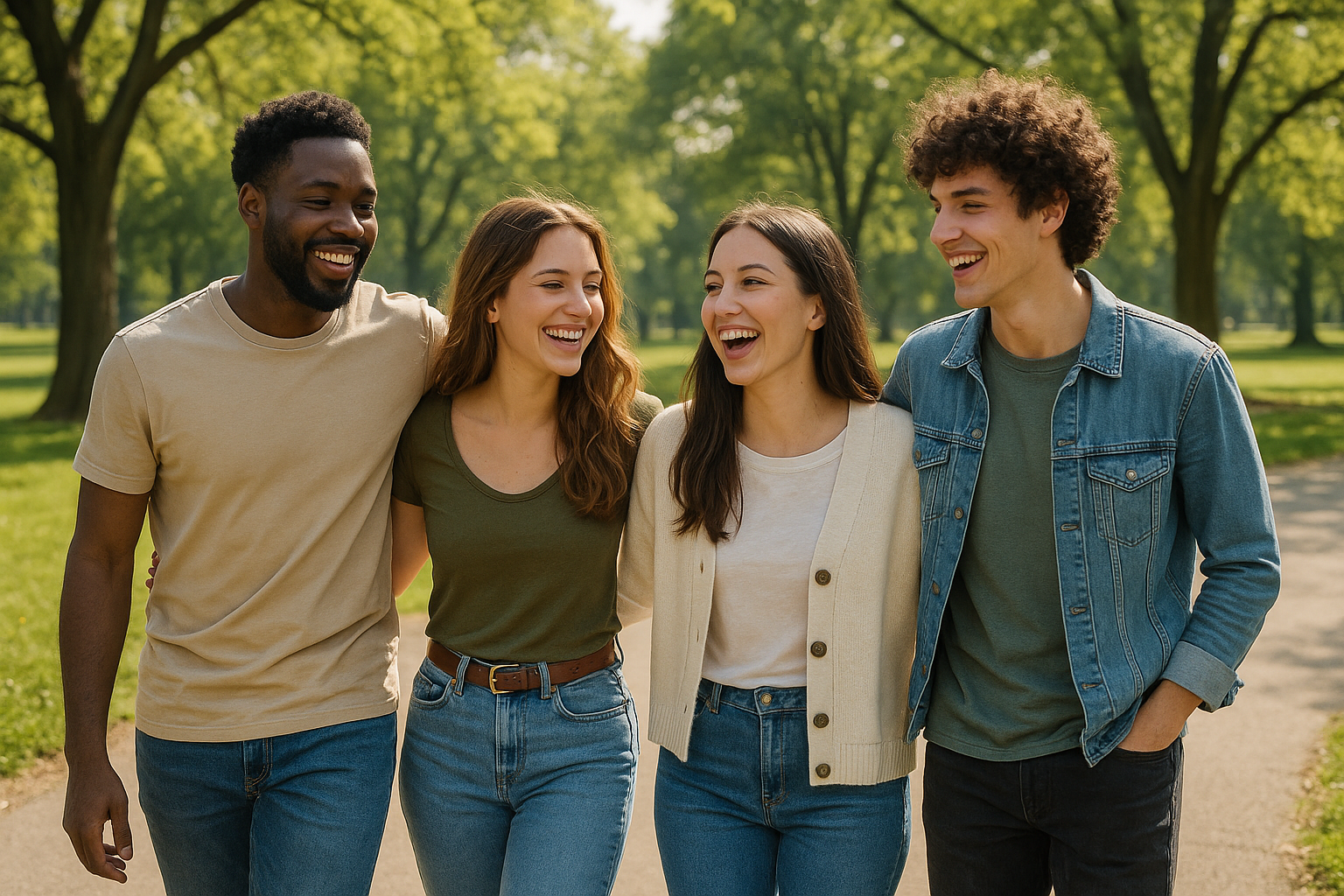 공원에서 함께 걷는 친구들