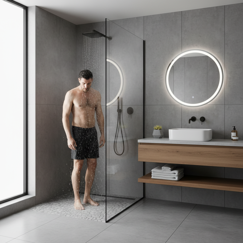 A person taking a cold shower in a modern bathroom
