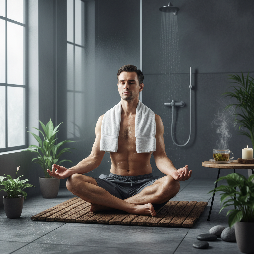 Person meditating after a cold shower