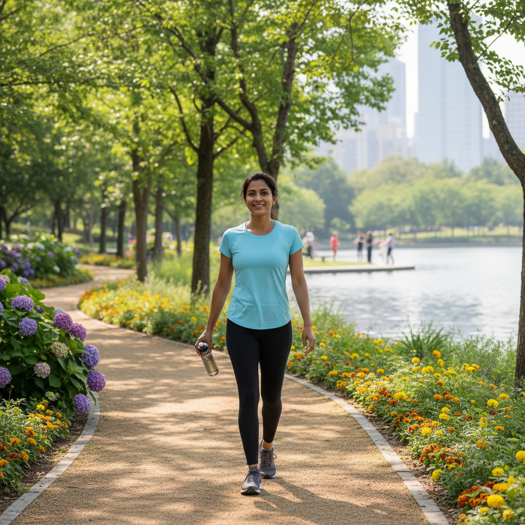 A person walking in a park, symbolizing health and wellness.