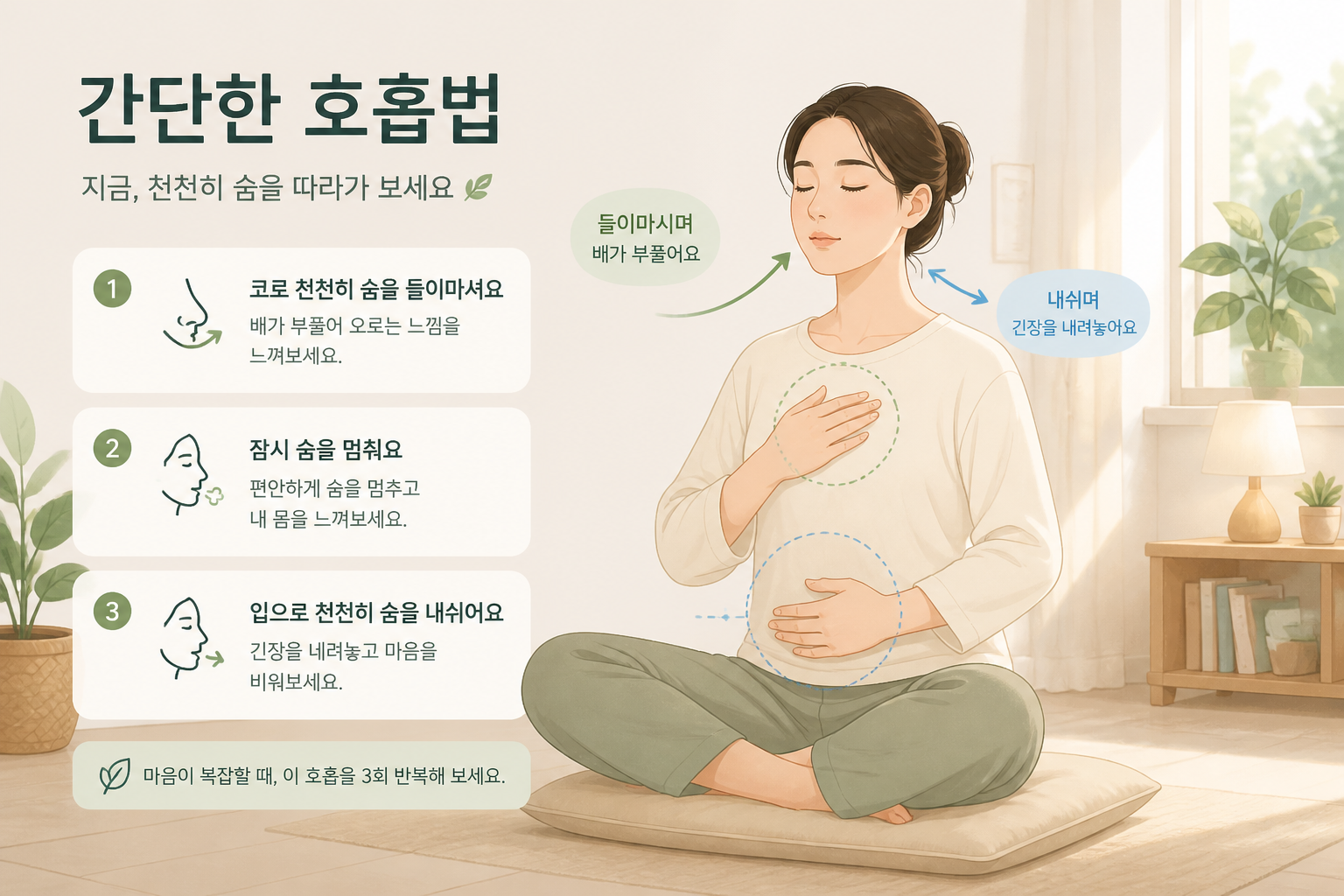 간단한 호흡법을 시연하는 사람의 일러스트