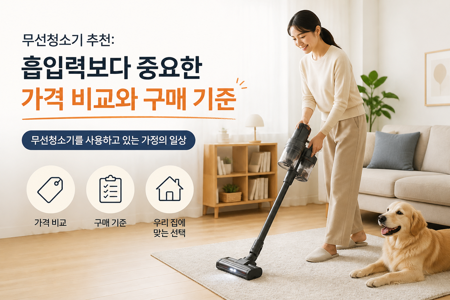 무선청소기를 사용하고 있는 가정의 일상