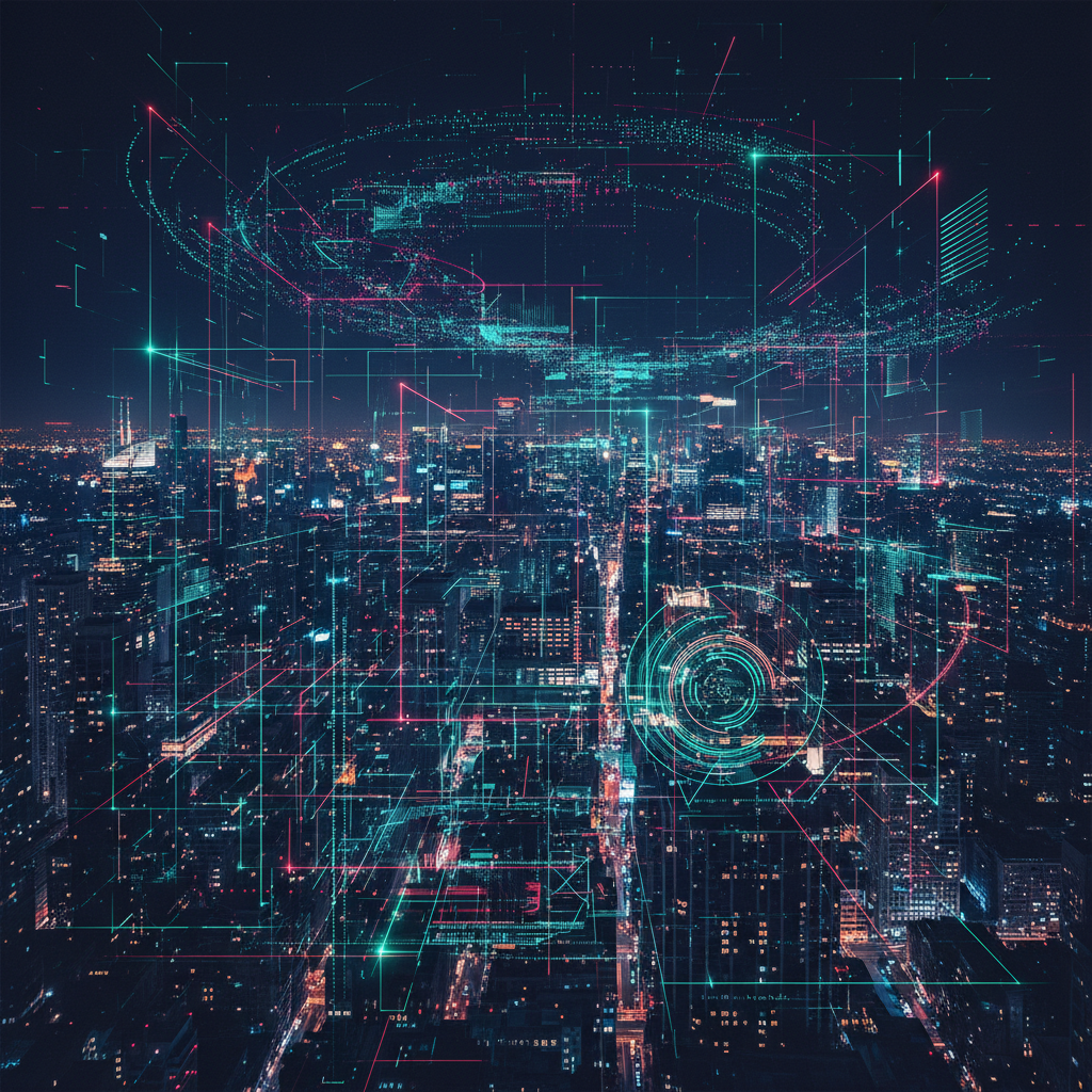 도시의 야경, AI가 분석한 듯한 데이터 시각화 오버레이