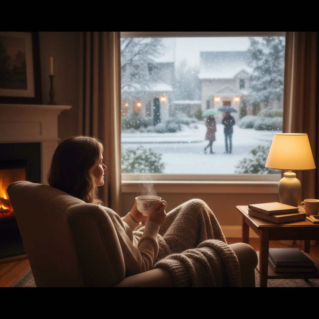 따뜻한 차를 마시며 창밖을 바라보는 평화로운 일상