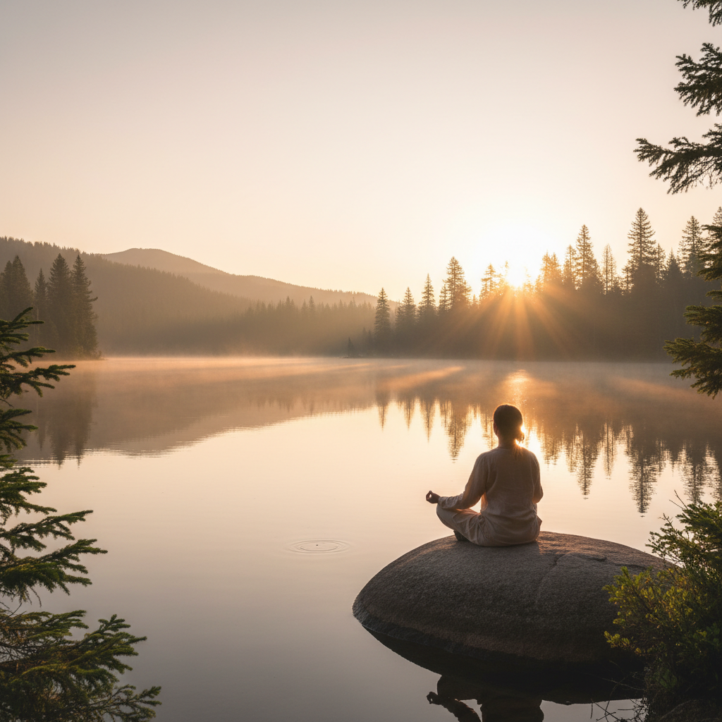 고요한 호숫가에서 명상하는 사람