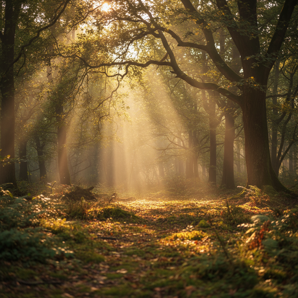 고요한 숲 속에서 빛이 내리는 모습