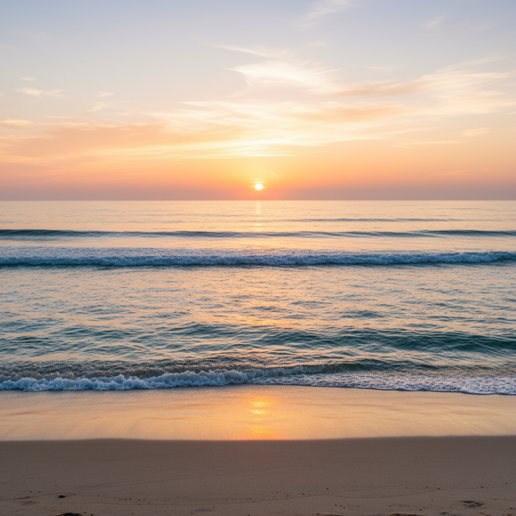 고요한 바닷가에서 해가 떠오르는 모습