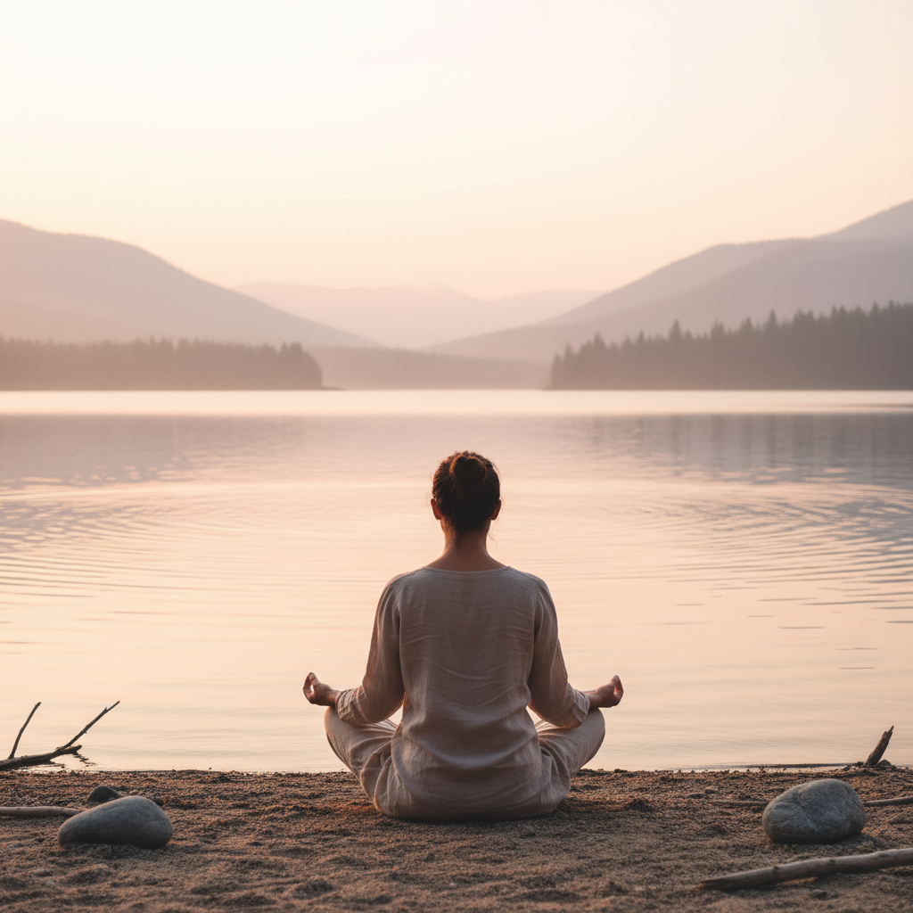 고요한 호숫가에 명상하는 여인의 뒷모습