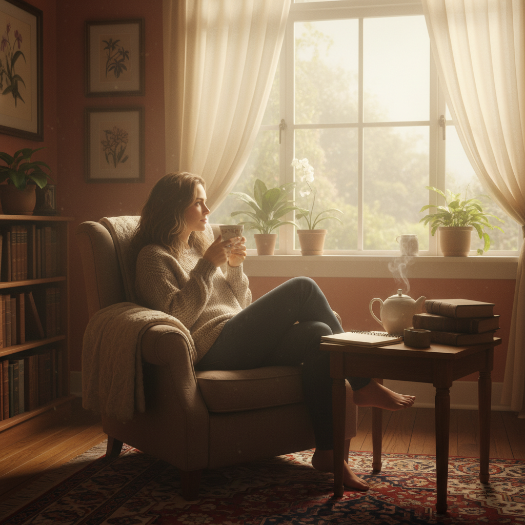 따뜻한 햇살이 비치는 방 안에서 차를 마시며 생각에 잠긴 사람