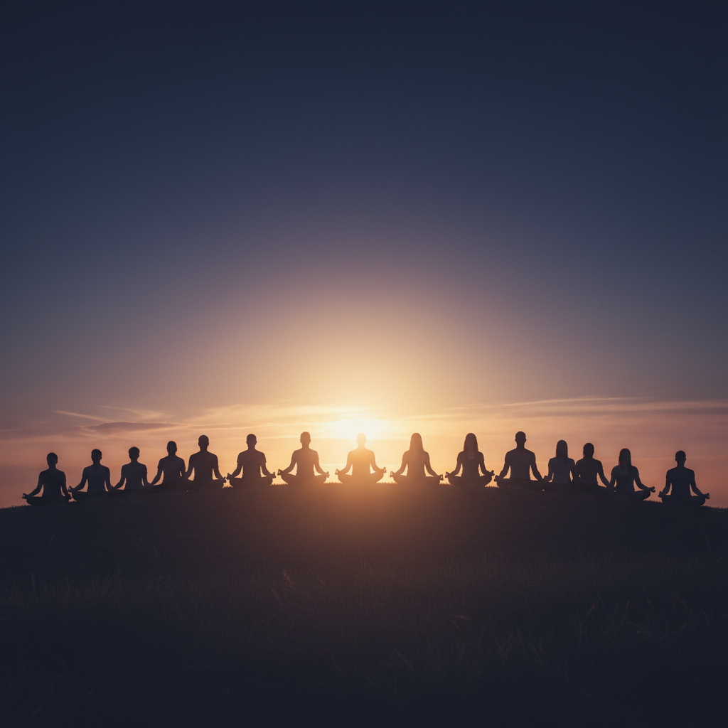 명상하는 다양한 사람들의 실루엣, 새벽의 푸른 배경