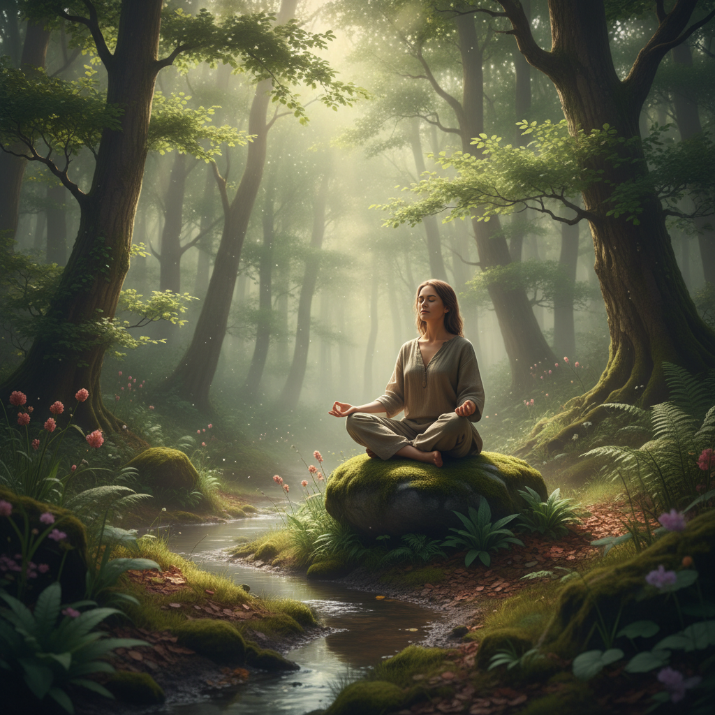 숲 속에서 명상하는 사람, 부드러운 햇빛이 비치는 장면