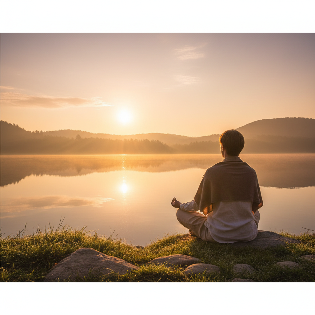 고요한 호숫가에서 명상하는 사람