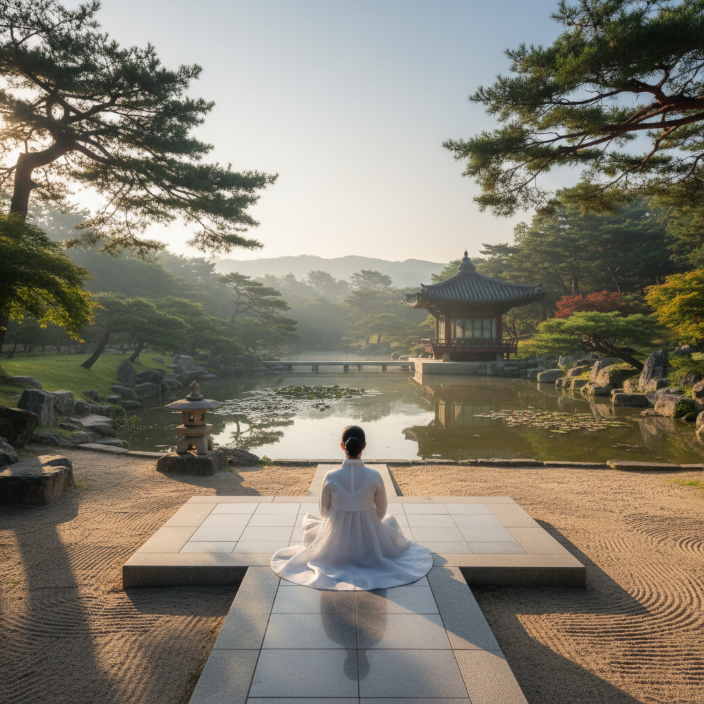 전통적인 한국 정원에서 명상하는 사람의 뒷모습