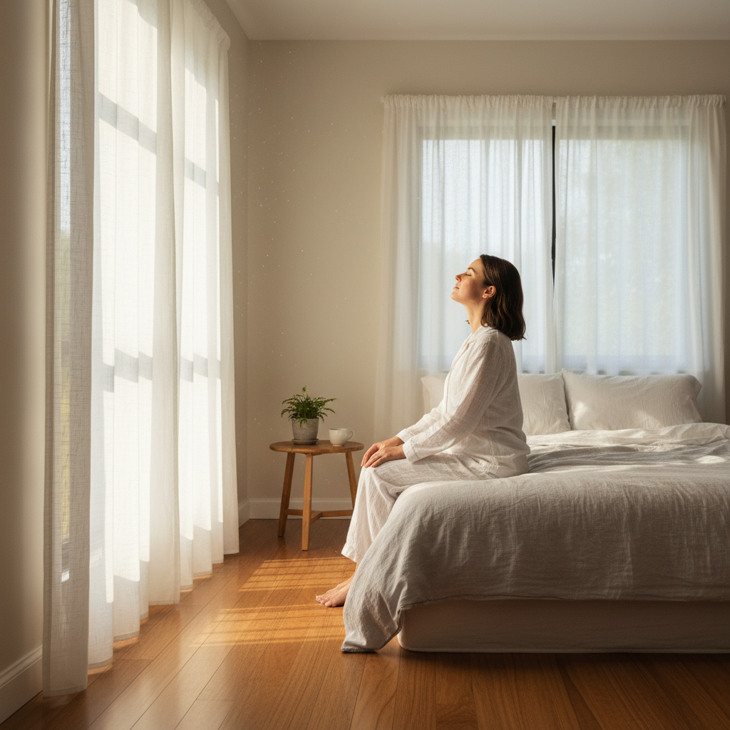 A serene morning scene with sunlight gently filtering through curtains onto a simple, peaceful bedroom, a person is seen sitting on the edge of the bed in a calm posture, perhaps taking a deep breath.