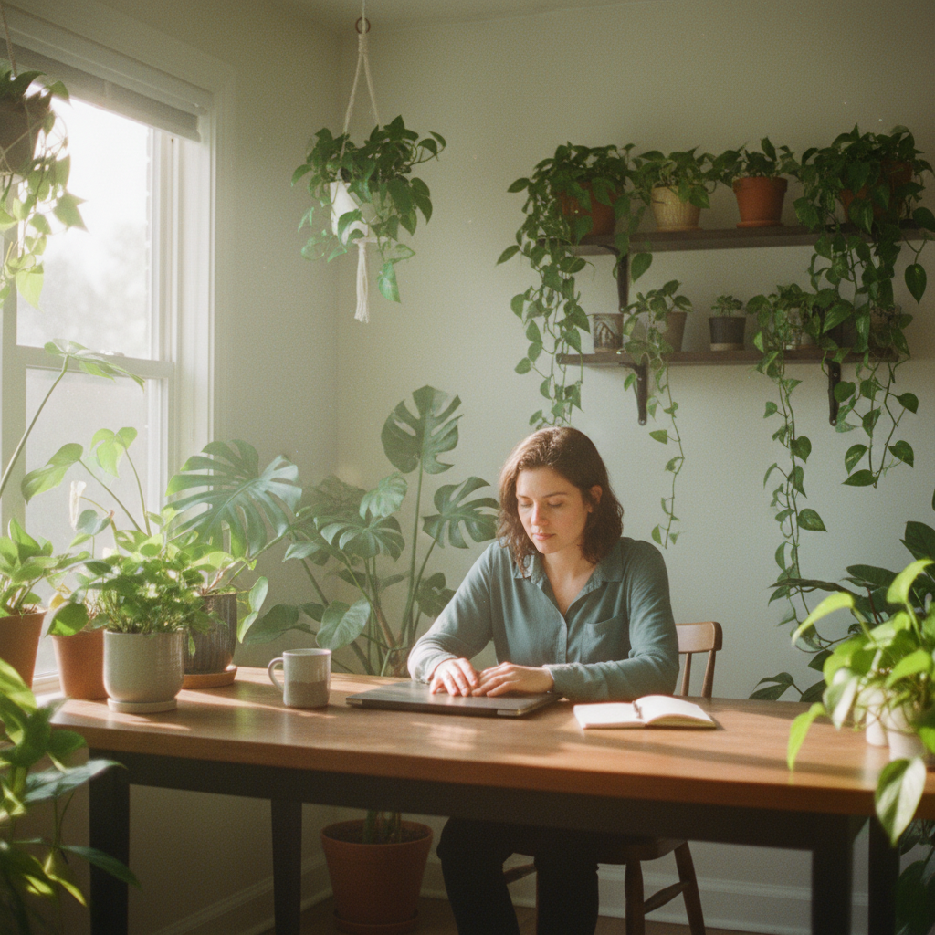 A calm person working at a desk, surrounded by plants, bathed in natural light, demonstrating focus and serenity despite the presence of a laptop, conveying a sense of mindful productivity.