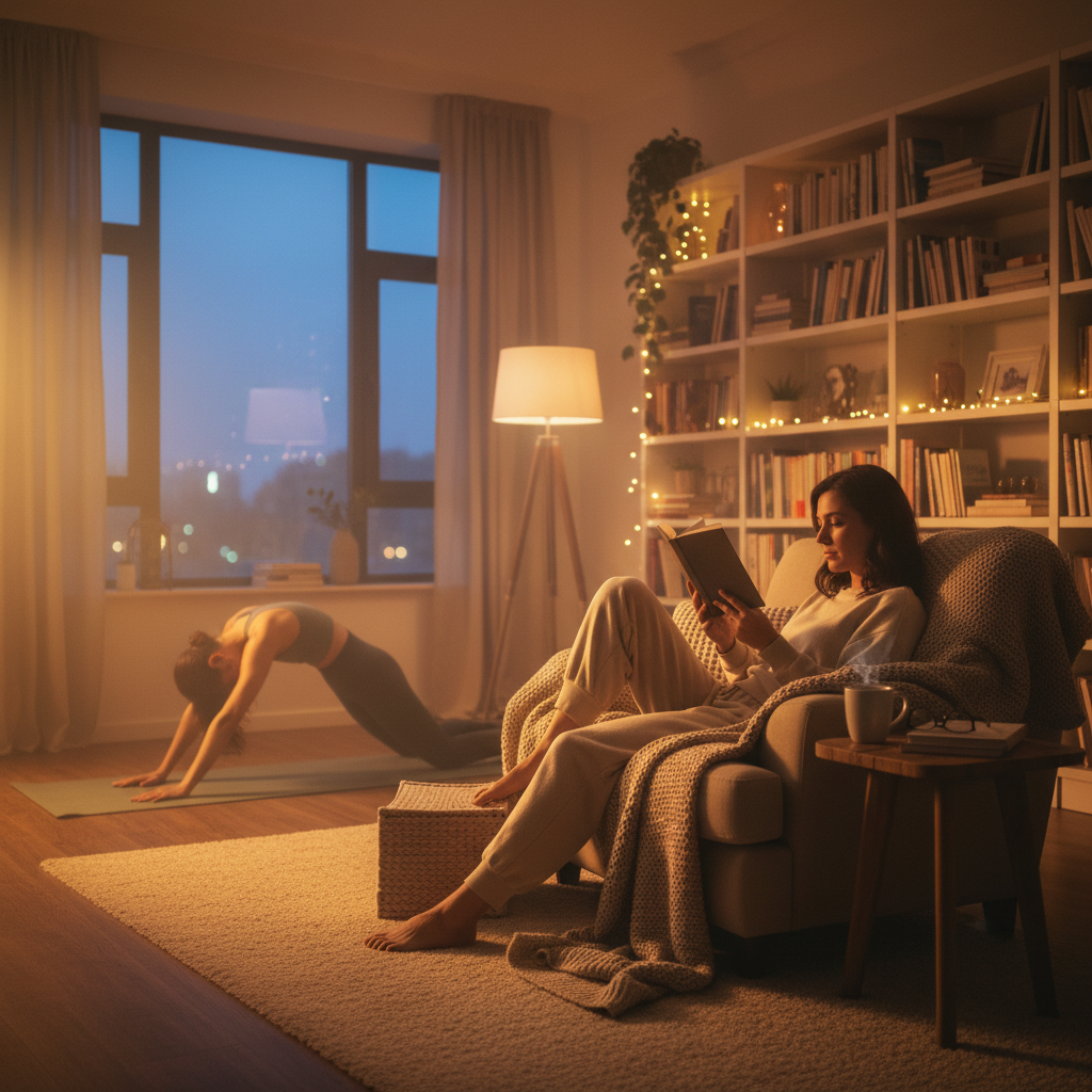 A person relaxing in a cozy, warm-lit living room or bedroom in the evening, perhaps reading a book or gently stretching, with a peaceful and inviting atmosphere that suggests winding down for the night.