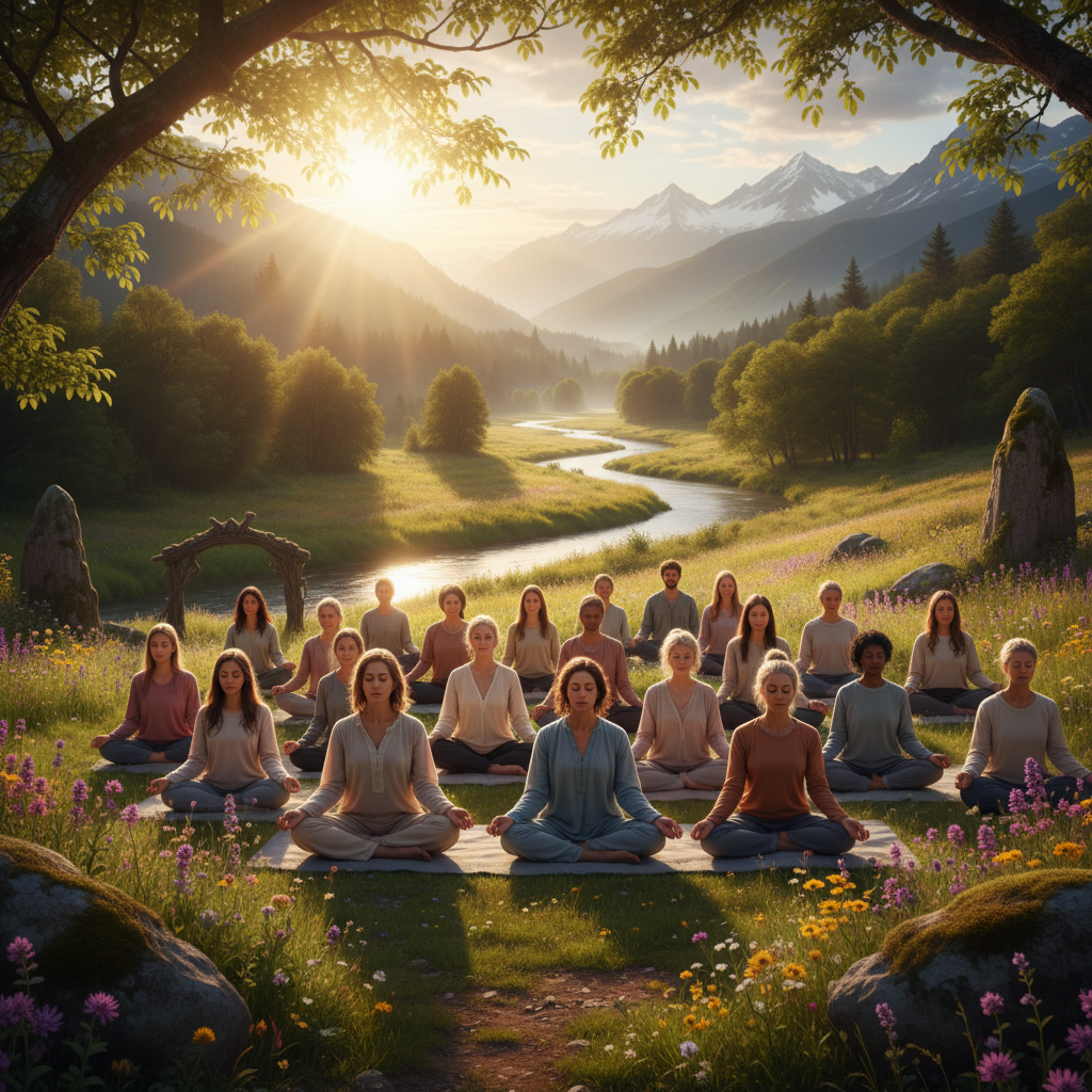 A diverse group of people engaged in a peaceful outdoor meditation session, surrounded by nature, with a serene and harmonious atmosphere, symbolizing community and ongoing practice.