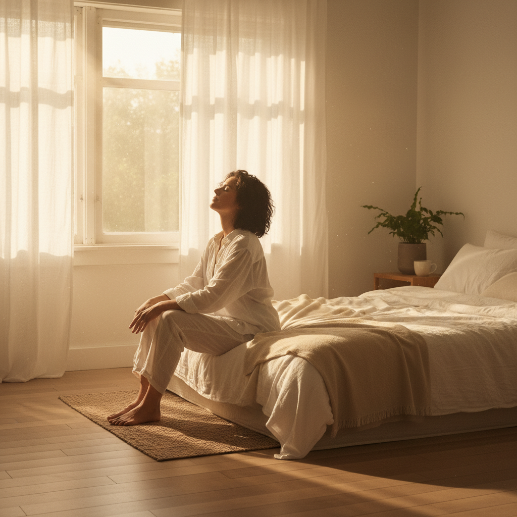 A serene morning scene with sunlight gently filtering through curtains onto a simple, peaceful bedroom, a person is seen sitting on the edge of the bed in a calm posture, perhaps taking a deep breath.
