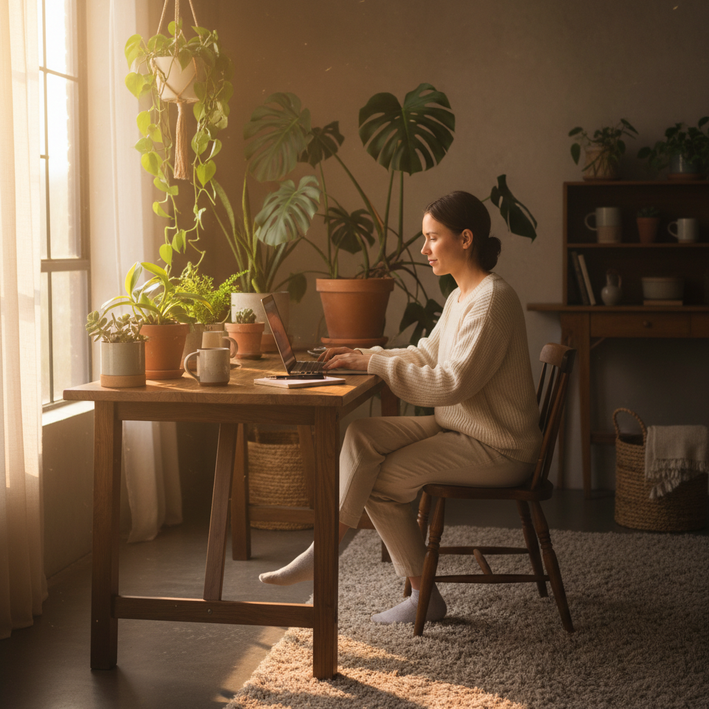 A calm person working at a desk, surrounded by plants, bathed in natural light, demonstrating focus and serenity despite the presence of a laptop, conveying a sense of mindful productivity.