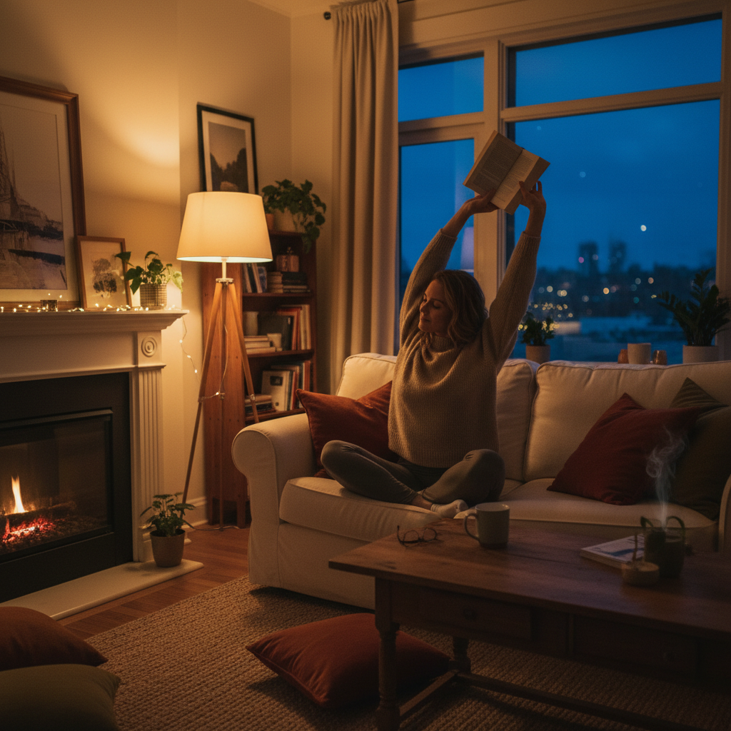 A person relaxing in a cozy, warm-lit living room or bedroom in the evening, perhaps reading a book or gently stretching, with a peaceful and inviting atmosphere that suggests winding down for the night.