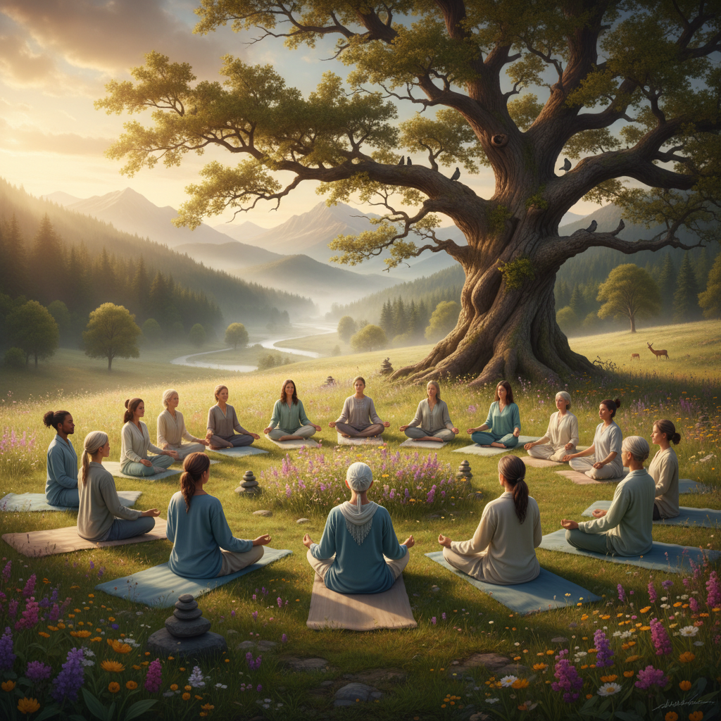 A diverse group of people engaged in a peaceful outdoor meditation session, surrounded by nature, with a serene and harmonious atmosphere, symbolizing community and ongoing practice.
