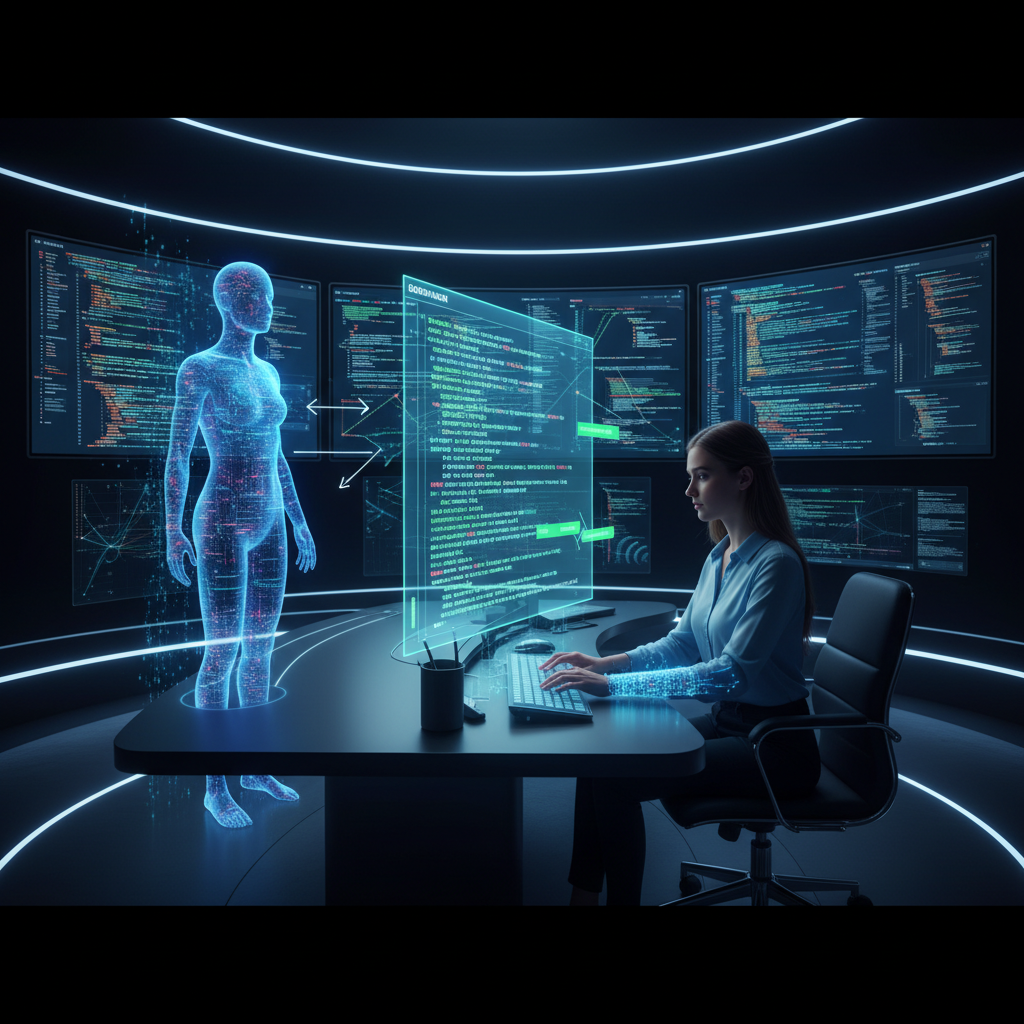 코드 어시스턴트가 개발자의 옆에서 실시간으로 코드를 제안하는 모습, 화면에는 코드가 가득하고 미래적인 UI 디자인