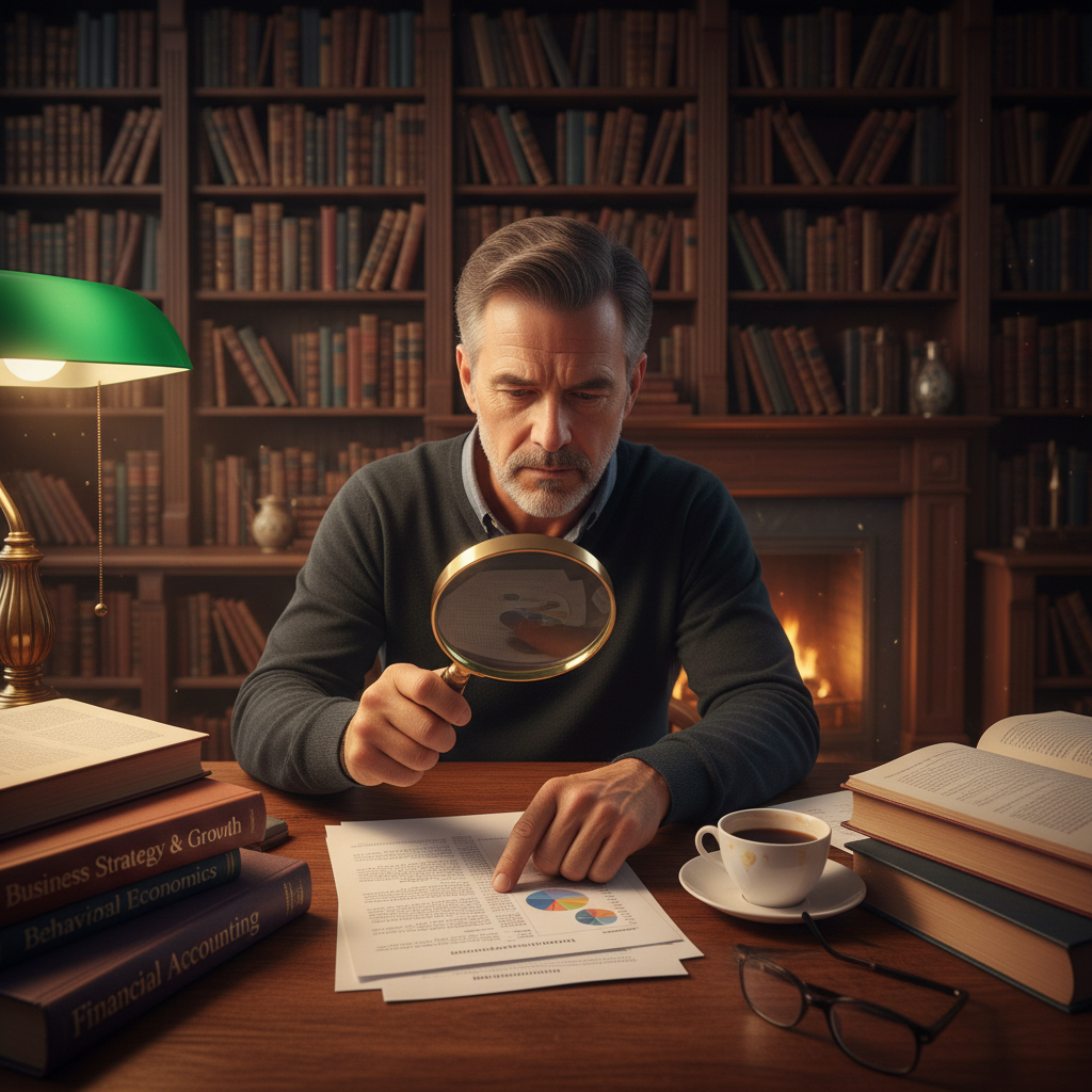 돋보기로 기업 보고서를 분석하는 투자자