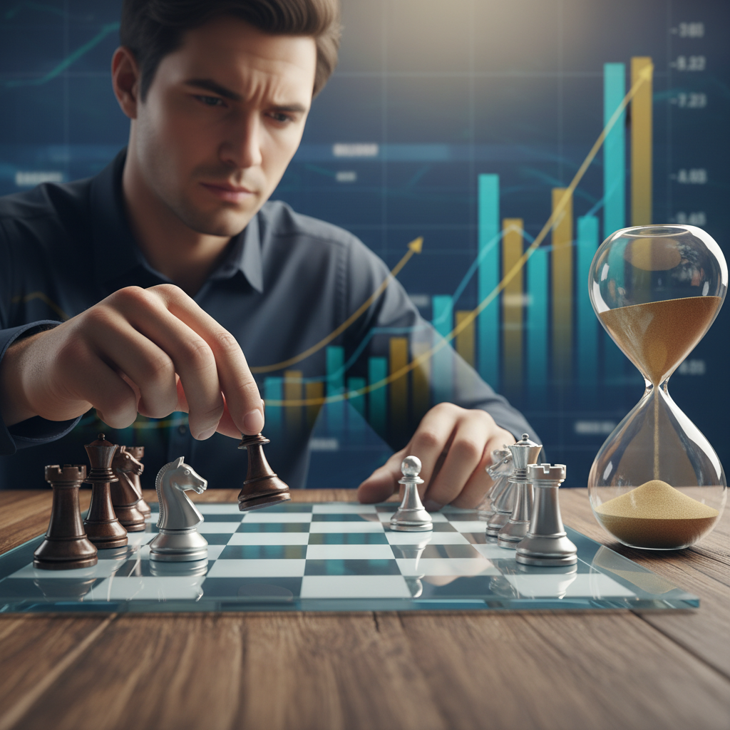 체스판 위에서 투자 전략을 짜는 모습