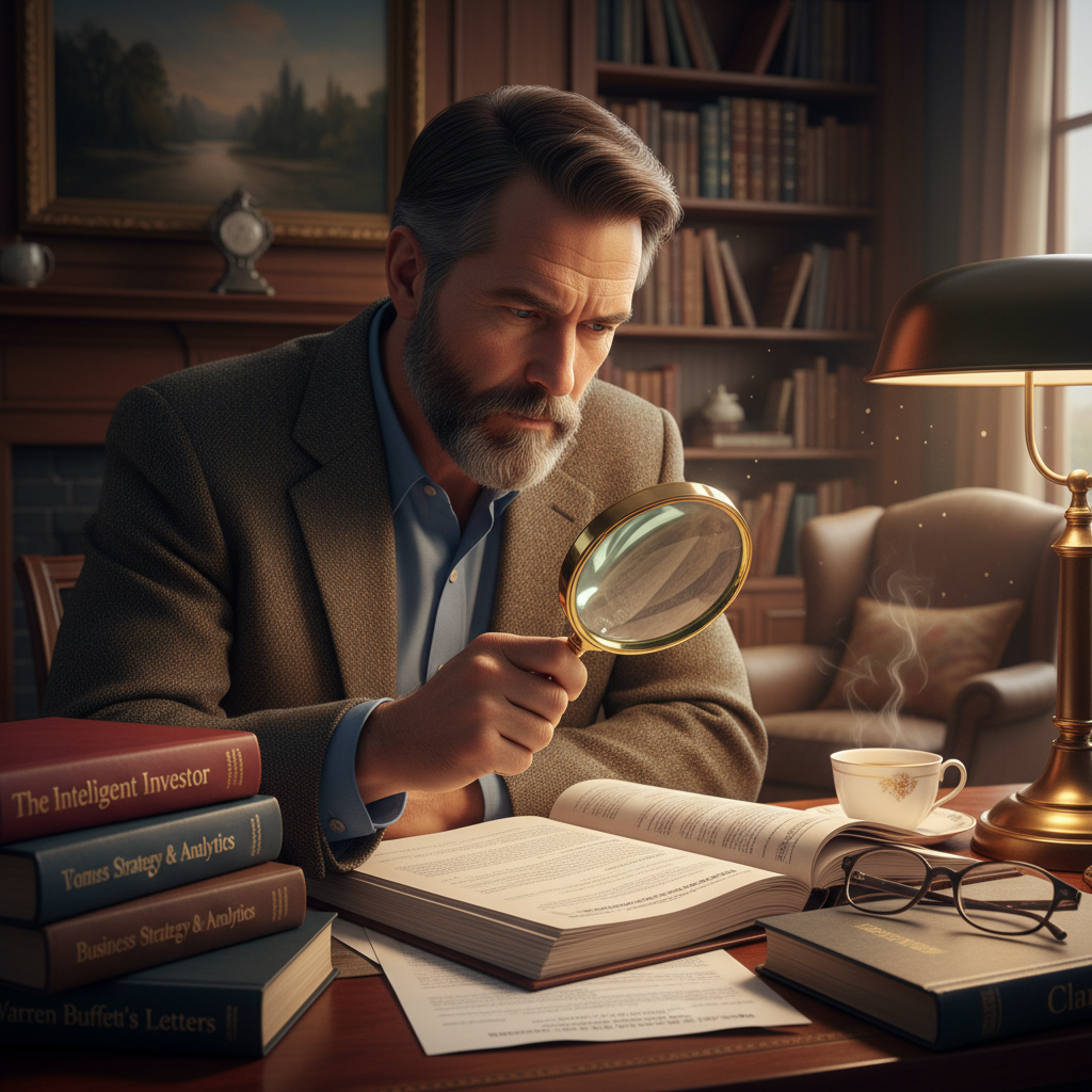 돋보기로 기업 보고서를 분석하는 투자자