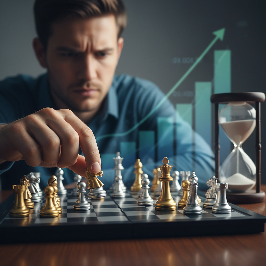 체스판 위에서 투자 전략을 짜는 모습